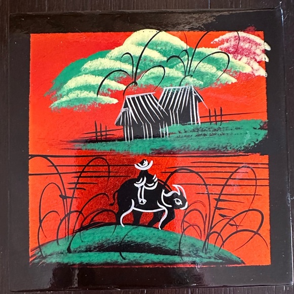 Japanese Art Coasters Hand Painted Lacquer - Vintage Each Painted by Hand + Box - Picture 4 of 4